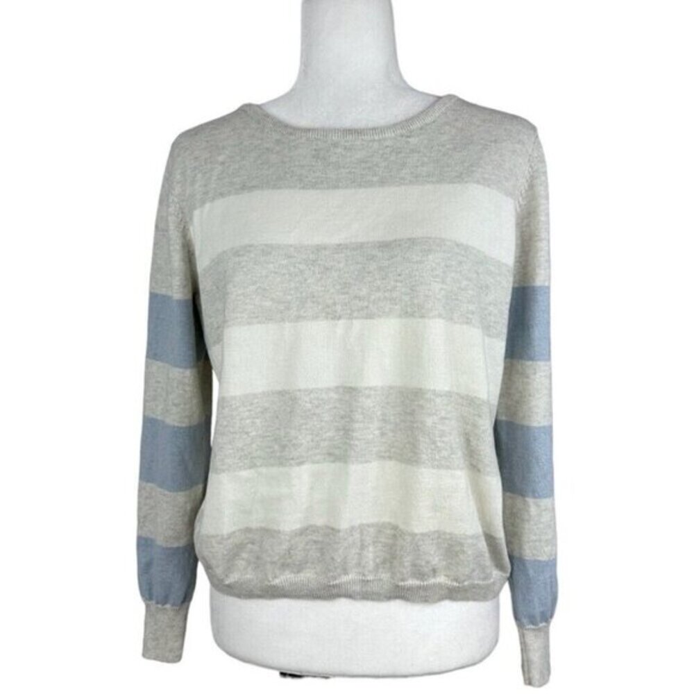 Lisa Todd Womens Cotton Cashmere Striped Sweater Grey Blue Cream XS‎ Pullover